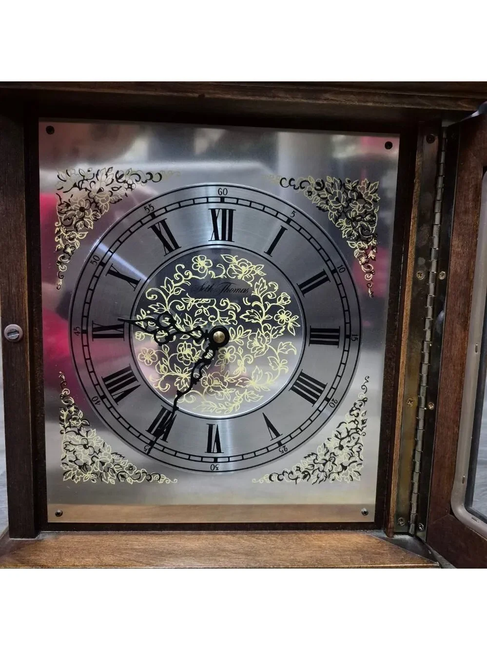 Seth Thomas Brown Wood Mantel Clock with Silver Face